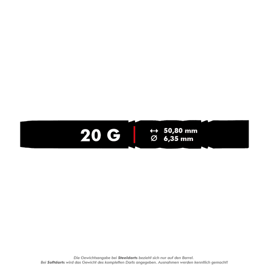 Das Bild zeigt den Red Dragon Gerwyn Price Avalanche Gold Softdart mit einem Gewicht von 20 Gramm. Die Länge beträgt 50,80 mm und der Durchmesser 6,35 mm.