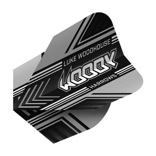 Auf dem Bild ist ein schwarzer Dartflight mit weißen und grauen Mustern zu sehen. Der Flight trägt die Aufschrift "Luke Woodhouse WOODY Harrows".