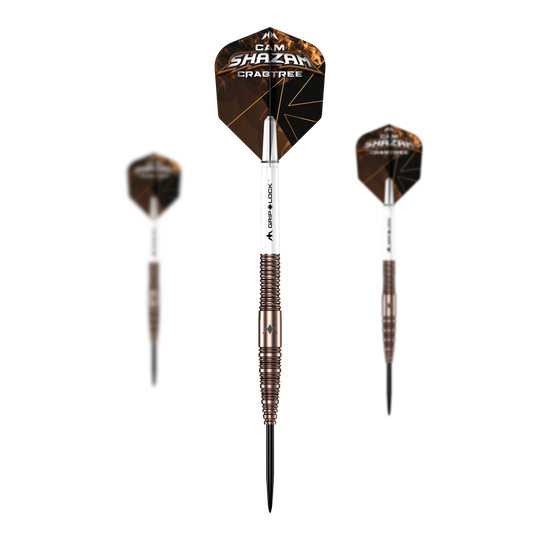 Mission Cam Crabtree V2 95% Tungsten Steel Darts Das Bild präsentiert ein Set der Mission Cam Crabtree V2 Steeldarts. Mehrere Dartpfeile werden gemeinsam gezeigt.