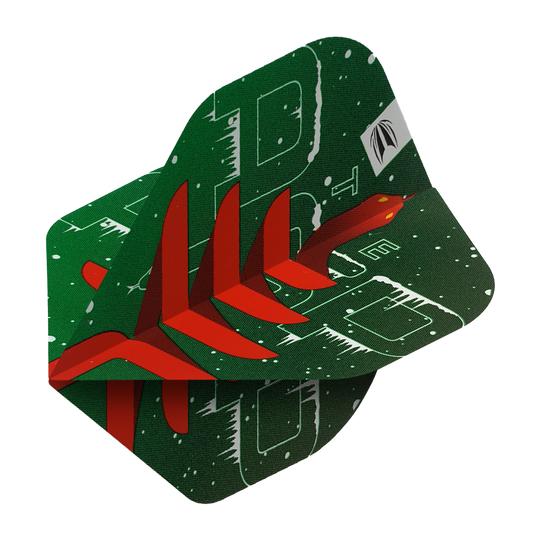 Das Bild zeigt das Produkt "Target Merry Christmas Flights Nathan Aspinall". Das Flight ist grün mit weihnachtlichen Mustern und einem roten Pfeildesign gestaltet.