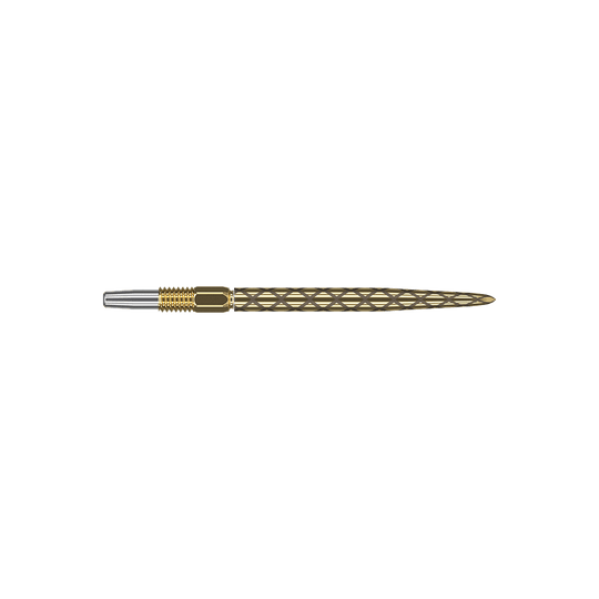 Target Swiss Diamond Pro Gold dart tips Das Bild zeigt eine goldene Dartspitze mit einem filigranen, rautenförmigen Muster. Die Spitze hat einen silbernen Ansatz und ist insgesamt schlank und länglich geformt.
