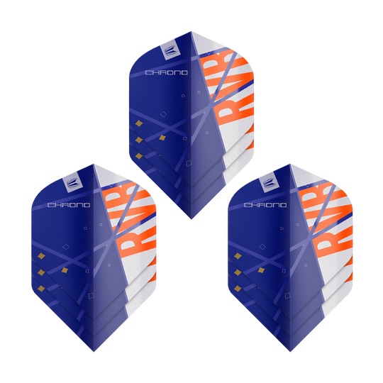 Das Bild zeigt drei Sets von Target Pro Ultra Raymond Van Barneveld Chrono No2 Standard Flights. Die Flights sind überwiegend blau mit orangenen und weißen Akzenten gestaltet.
