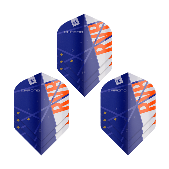 Target Pro Ultra Raymond Van Barneveld Chrono No2 Standard Flights - 3 Sets Das Bild zeigt drei Sets von Target Pro Ultra Raymond Van Barneveld Chrono No2 Standard Flights. Die Flights sind überwiegend blau mit orangenen und weißen Akzenten gestaltet.
