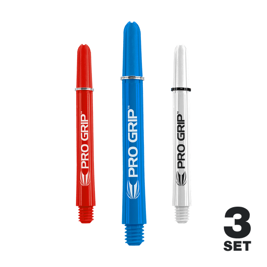 Target Pro Grip Shafts - 3 Sets - Red Blue White Auf dem Bild sind drei Dart-Schäfte in den Farben Rot, Blau und Weiß zu sehen. Sie tragen die Aufschrift "PRO GRIP" und sind als 3er-Set dargestellt.