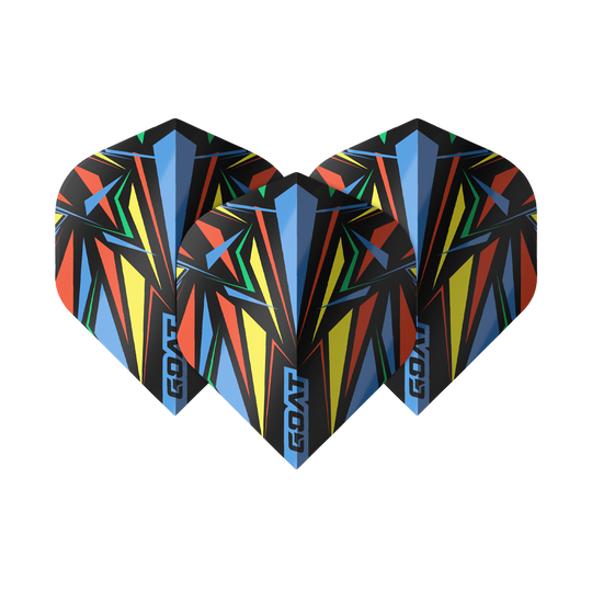 Das Bild zeigt drei bunte Dart-Flights mit geometrischem Muster in Blau, Gelb, Rot und Grün. Auf jedem Flight steht das Wort „GOAT“ am unteren Rand.