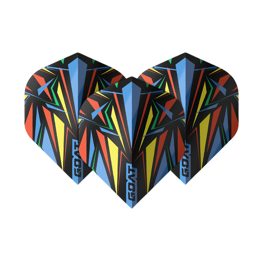 GOAT Athlete Blue No2 Standard Flights Das Bild zeigt drei bunte Dart-Flights mit geometrischem Muster in Blau, Gelb, Rot und Grün. Auf jedem Flight steht das Wort „GOAT“ am unteren Rand.