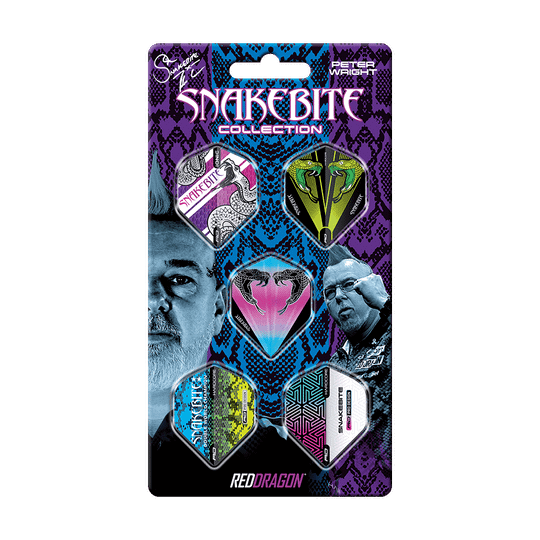 Die Abbildung zeigt die "Red Dragon Peter Wright 1 Flight Card" aus der Snakebite Collection. Auf der Verpackung sind sechs bunte Dart-Flights sowie Bilder und Grafiken abgebildet.