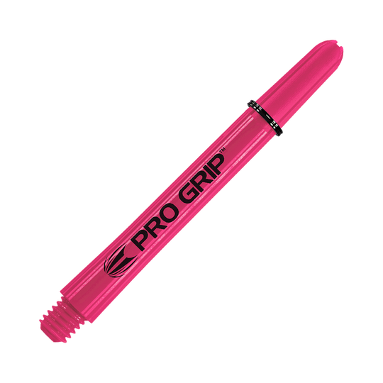 Das Bild zeigt einen pinken Pro Grip Dartshaft. Auf dem Schaft steht in schwarzer Schrift „PRO GRIP“.