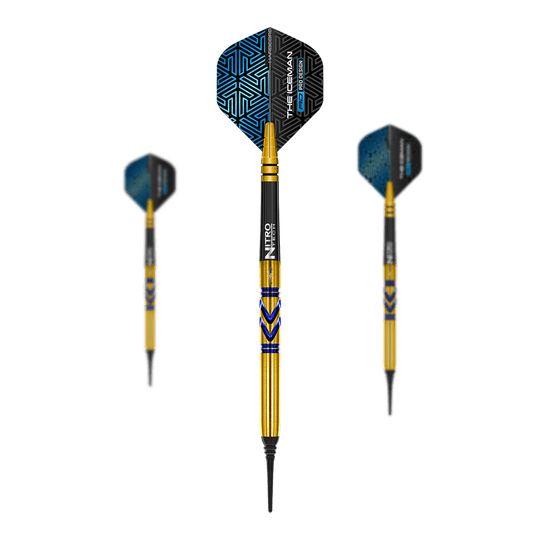 Das Bild zeigt die "Red Dragon Gerwyn Price Avalanche Gold Softdarts - 20g". Die Darts haben einen goldenen Schaft mit blauen Akzenten und schwarze Flights mit blauem Muster.