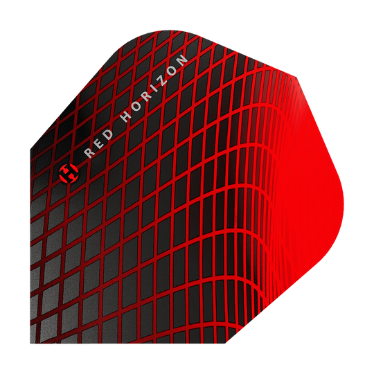 Das Bild zeigt die Harrows Prime Red Horizon No6 Flights. Das Design ist schwarz mit einem auffälligen roten Gittermuster und dem Schriftzug "RED HORIZON".
