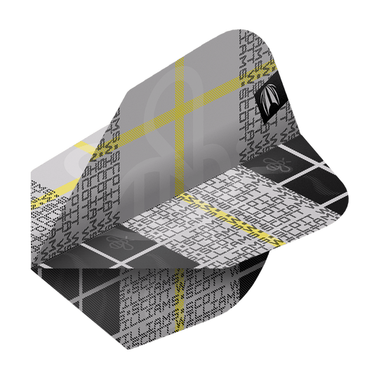 Das Bild zeigt ein Dartflight-Design der Marke Target Pro Ultra Scott Williams GEN2 No6. Die Flight ist überwiegend grau mit schwarzen und weißen Mustern sowie gelben Linien.