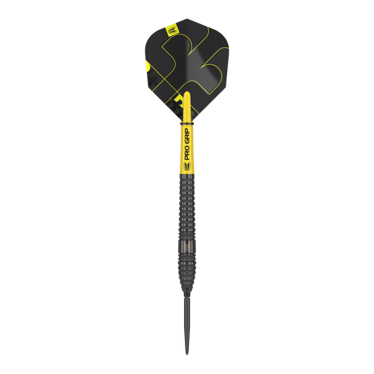 Target Bolide Void 03 Swiss Point steel darts Auf dem Bild ist ein Target Bolide Void 03 Swiss Point Steeldart zu sehen. Der Dart ist schwarz mit gelben Akzenten und hat eine strukturierte Griffzone.