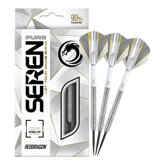 Das Bild zeigt das Produkt "Red Dragon Seren 2 Pure Steeldarts" mit einer eleganten Verpackung. Neben der Packung sind drei silberne Steeldarts abgebildet.