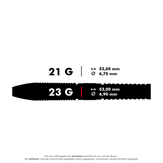 Target Gabriel Clemens GEN2 Swiss Point steel darts Das Bild zeigt die Spezifikationen von zwei Steeldarts mit 21 Gramm und 23 Gramm Gewicht. Beide Darts sind 52,00 mm lang, aber der Durchmesser beträgt 6,70 mm bzw. 6,90 mm.