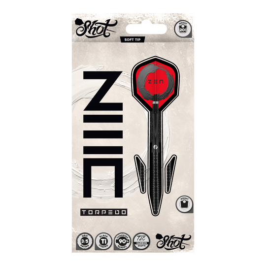 Shot ZEN Torpedo Soft Darts - 20g Hier sieht man die Shot ZEN Torpedo Softdarts - 20g aus einer anderen Perspektive. Die Details des Dartpfeils sind deutlich erkennbar.