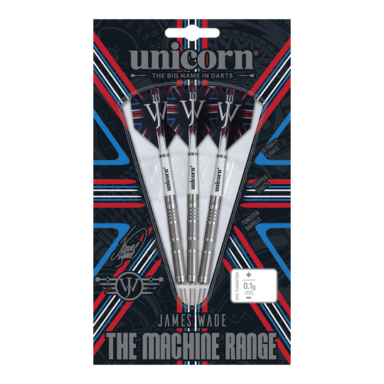 Das Bild zeigt eine Packung Steeldarts der Marke "Unicorn" aus der James Wade The Machine Range Phase 4. Die drei silbernen Darts sind in einer auffällig gestalteten Verpackung mit roten, blauen und weißen Akzenten präsentiert.
