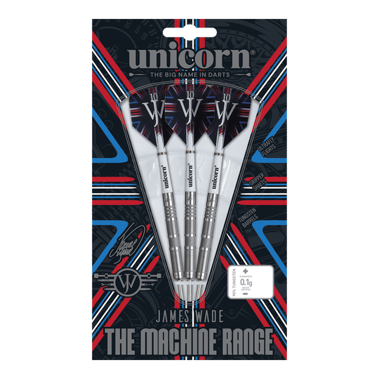 Unicorn James Wade The Machine Range Phase 4 Steeldarts Das Bild zeigt eine Packung Steeldarts der Marke "Unicorn" aus der James Wade The Machine Range Phase 4. Die drei silbernen Darts sind in einer auffällig gestalteten Verpackung mit roten, blauen und weißen Akzenten präsentiert.