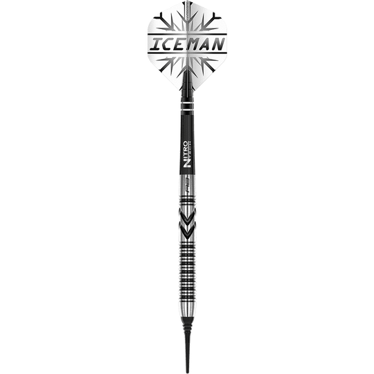 Das Bild zeigt einen Red Dragon Gerwyn Price Thunderbolt Softdart mit 20 Gramm Gewicht. Auf dem Dart steht "ICEMAN" und er hat ein silber-schwarzes Design.