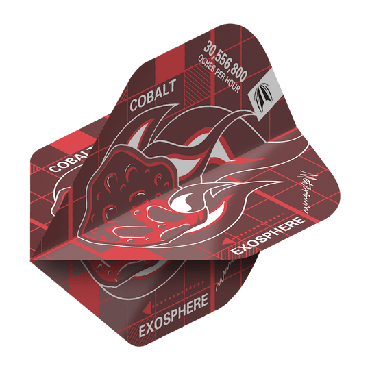 TG24_336090_Target_Blueprint_Pro_Red_No2_Standard__Flights_2 Das Bild zeigt die Target Blueprint Pro Red No2 Standard Flights mit einem roten und schwarzen Grafikdesign. Auf den Flights sind die Wörter "COBALT" und "EXOSPHERE" sowie eine dynamische Illustration abgebildet.