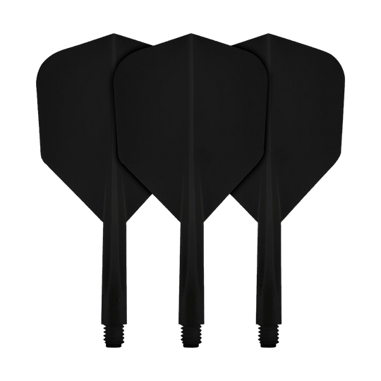 CO-0010_Condor_Axe_White_Flight-System_Small_Short_1 Das Bild zeigt drei schwarze Flights für Dartpfeile mit integriertem Schaft. Es handelt sich um das Produkt "Condor Axe Black Flight-System Small".
