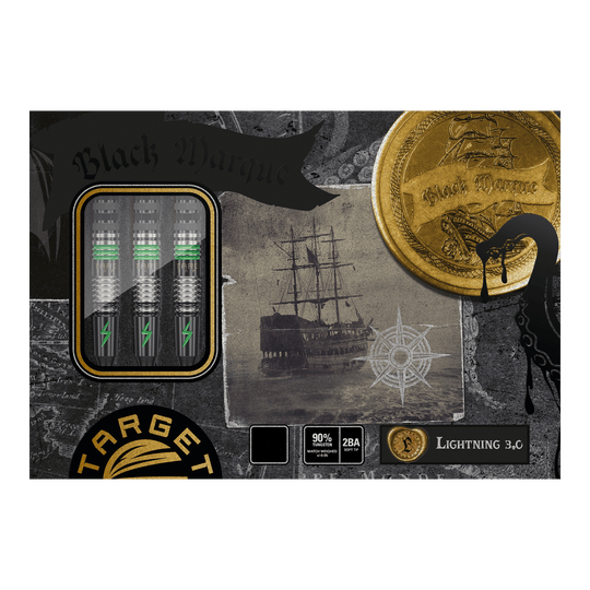 Das Bild zeigt die Verpackung der Target Japan Black Marque Lightning 3 Softdarts mit 19 Gramm Gewicht. Auf der Verpackung sind drei Dartpfeile, ein altes Schiff und ein goldener Münz-Aufdruck abgebildet.