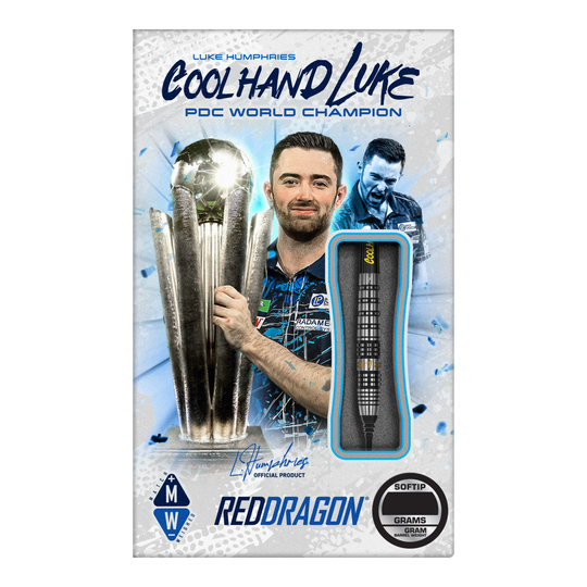 Das Bild zeigt die Verpackung der "Red Dragon Luke Humphries Prestige Softdarts - 20g". Auf der Verpackung ist ein Foto von Luke Humphries mit einem Pokal zu sehen, sowie ein einzelner Dartpfeil als Produktabbildung.