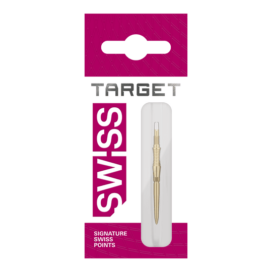 Ein weiteres Bild einer Target Swiss Point Dartspitze Signature RST in Gold mit 30mm Länge ist zu sehen. Die feine Struktur und die besondere Beschichtung fallen auf.