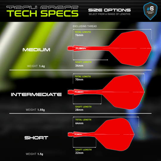 Das Bild zeigt das Winmau Fusion Flight-Shaft-System No6 in Rot. Es handelt sich um ein spezielles Dart-Zubehör für präzises Werfen.