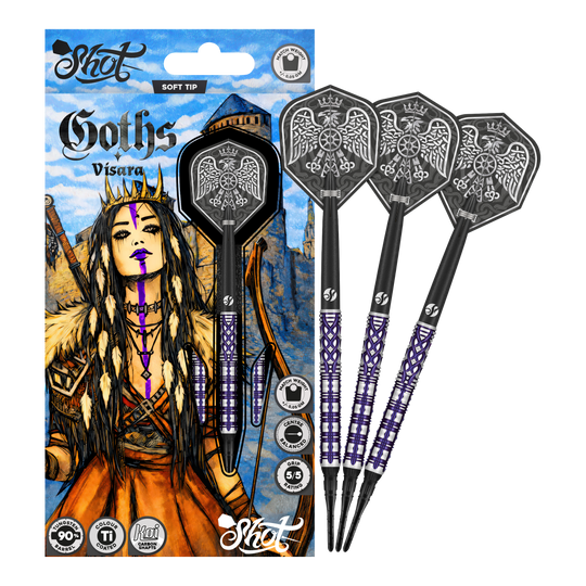 Shot Goths Visara Soft Darts - 20g Das Bild zeigt die Shot Goths Visara Softdarts - 20g. Diese Softdarts sind leicht und hochwertig verarbeitet.