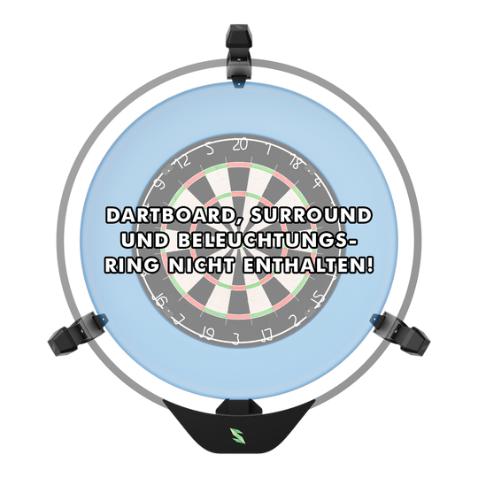 Das Bild zeigt das Produkt "Scolia Home 2 FLEX – Electronic Score System" rund um ein Dartboard. Auf dem Bild steht der Hinweis, dass Dartboard, Surround und Beleuchtungsring nicht enthalten sind.