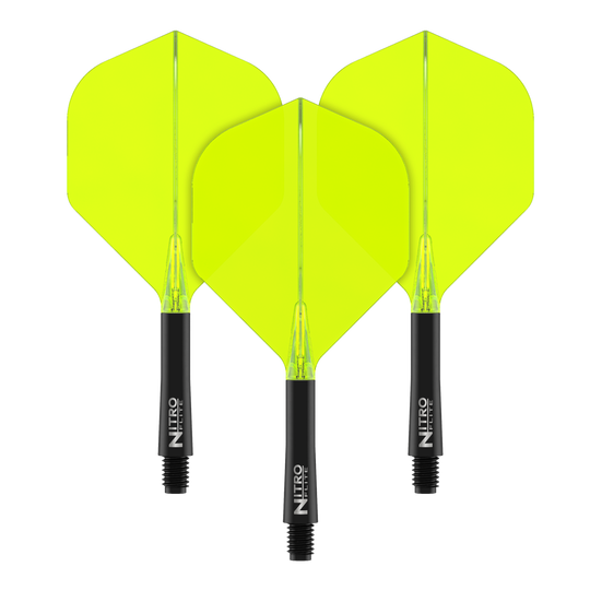 Red Dragon Nitroflite - Black Shaft Yellow No2 Flights Auf dem Bild sind drei gelbe Dart-Flights mit schwarzen Schäften zu sehen. Die Flights sind in einer Reihe nebeneinander angeordnet.