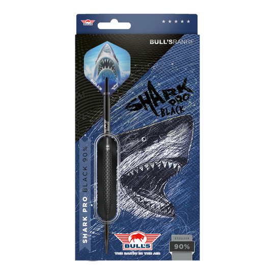 Bulls NL Shark Pro Black Steel Darts Die Abbildung zeigt die Verpackung der "Bulls NL Shark Pro Black Steeldarts". Auf der Verpackung ist ein aggressiv aussehender Hai sowie der Dartpfeil selbst zu sehen.