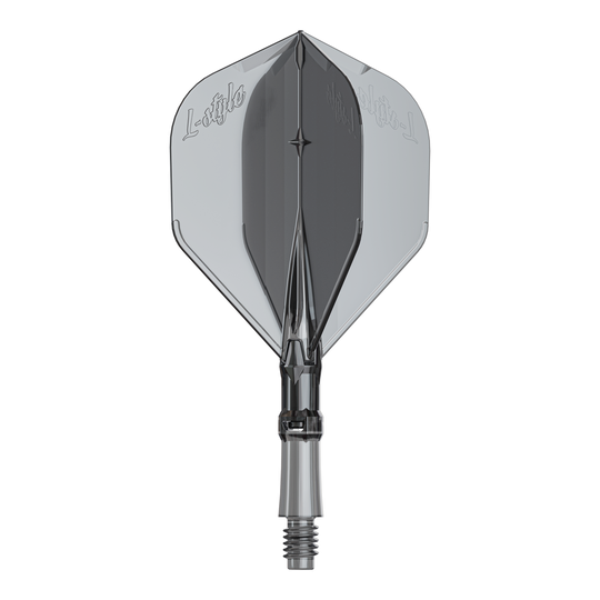 Ein Ersatz-Flights-Set für Dartpfeile ist abgebildet. Das Produkt heißt LS1062 LStyle L-System Flights ClearBlack Small.