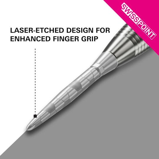 Das Bild zeigt die silberne Dartspitze "Target Swiss Storm Onyx Point". Die Spitze verfügt über ein lasergraviertes Design für einen verbesserten Fingergriff.