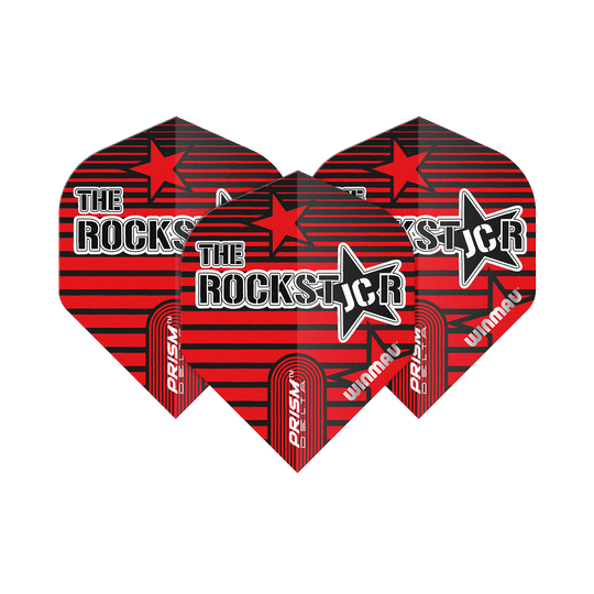 Das Bild zeigt drei Dartflights mit der Aufschrift "The Rockstar" in einem roten und schwarzen Design. Auf den Flights steht außerdem "Prism Delta" und "Winmau".
