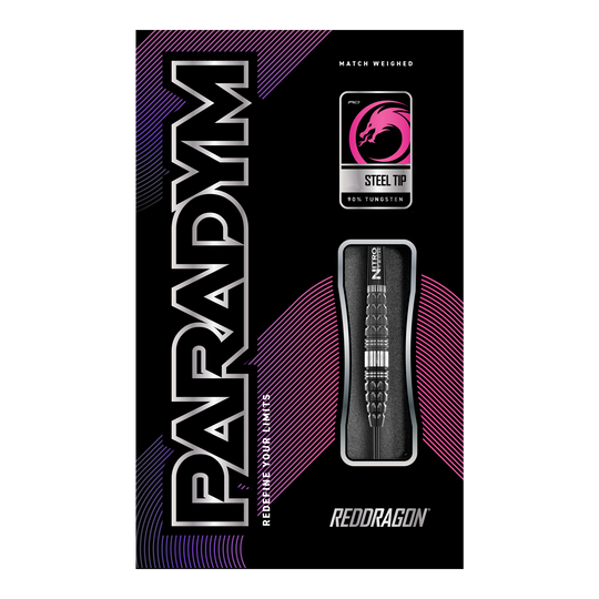 Das Bild zeigt die Verpackung der "Red Dragon Paradym Torpedo Steeldarts". Das Design ist modern mit auffälligen Farben und hebt die Stahlspitze sowie den hohen Wolframanteil hervor.
