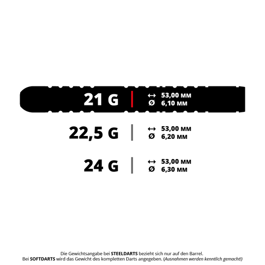Das Bild zeigt die Gewichts- und Maßangaben für Winmau Michael Van Gerwen Evo-X Steeldarts in den Varianten 21 g, 22,5 g und 24 g. Die Längen und Durchmesser der Dartbarrels sind jeweils angegeben.