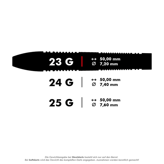 Target Scope 02 Swiss Point steel darts Das Bild zeigt drei verschiedene Steeldarts mit den Gewichten 23 g, 24 g und 25 g. Für jedes Gewicht sind die Länge von 50,00 mm und der jeweilige Durchmesser angegeben.