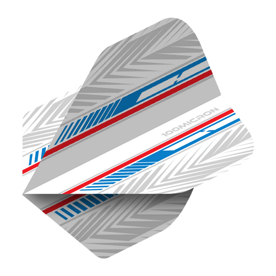 Das Bild zeigt einen Pentathlon White Blue Red No2 Standard Flight für Darts. Das Design besteht aus weißen, blauen und roten Streifen mit silbergrauen Mustern.