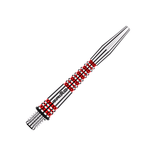 Dies ist ein silberner Dartschaft aus Aluminium mit roten Akzenten. Auf dem Schaft steht das Wort "TRIAD".