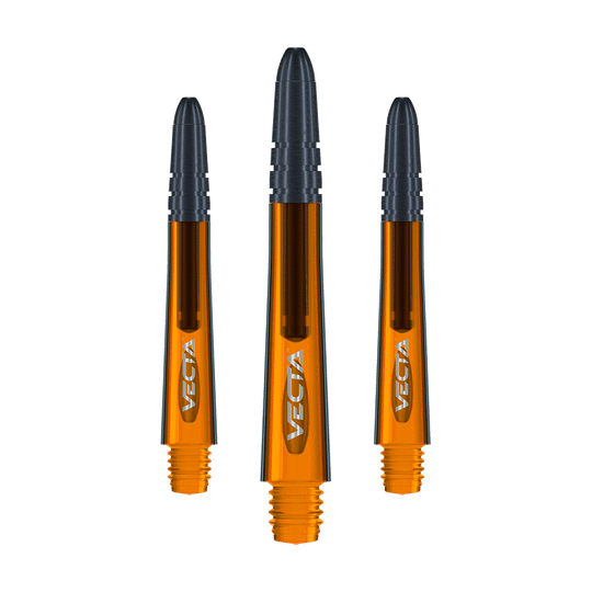 7025-110_Winmau_Vecta_Shafts_Orange_40mm_1 Das Bild zeigt drei orangefarbene Winmau Vecta Shafts mit schwarzer Spitze. Sie sind 37 mm lang und tragen den Schriftzug "VECTA".