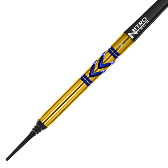 Das Bild zeigt einen Red Dragon Gerwyn Price Avalanche Gold Softdart mit einem Gewicht von 20g. Der Dart ist goldfarben mit blauen Akzenten und einer schwarzen Spitze.