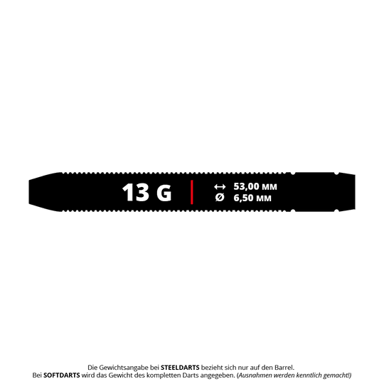 GOAT Athlete Black Brass Steeldarts - 13g Das Bild zeigt den GOAT Athlete Black Brass Steeldart mit einem Gewicht von 13 Gramm. Die Abmessungen sind 53,00 mm Länge und 6,50 mm Durchmesser.