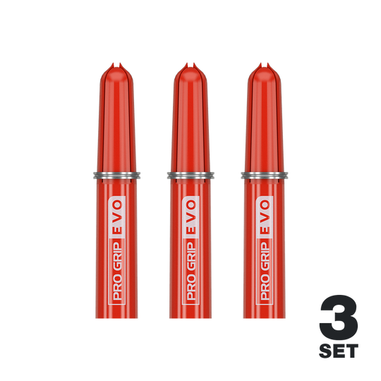 Das Bild zeigt drei rote Target Pro Grip EVO Ersatztops für Dartpfeile. Unten rechts steht "3 Set", was auf drei Sets in der Packung hinweist.