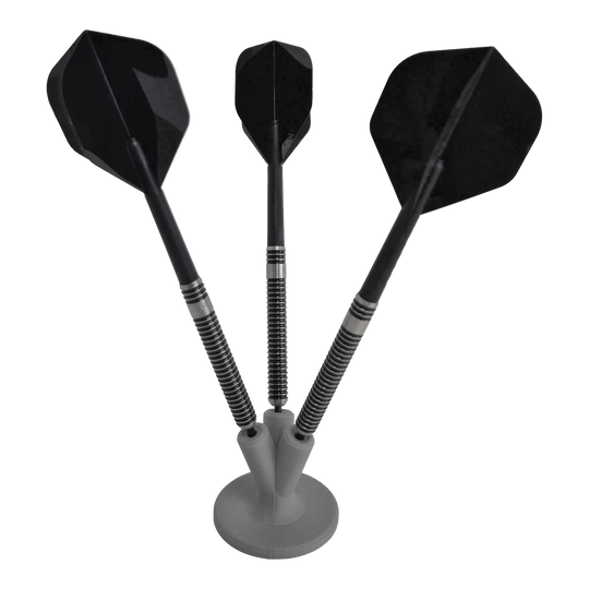 Das Bild zeigt einen kompakten Dart-Halter in Grau. Ein funktionales Zubehörteil für Dartspieler.