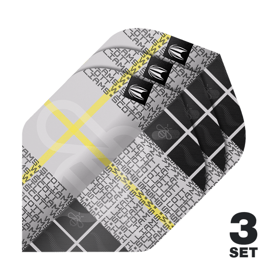 Target Pro Ultra Scott Williams GEN2 No2 Standard Flights - 3 sets Das Bild zeigt drei Sets der Target Pro Ultra Scott Williams GEN2 No2 Standard Flights. Die Flights haben ein schwarz-graues Muster mit gelben Linien und weißen Schriftzügen.