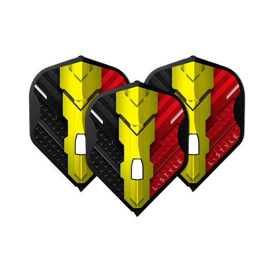 Das Bild zeigt drei Dart Flights des Modells "L-Style V-Series V1 Type C Belgium Black L1PRO". Die Flights sind in den Farben Schwarz, Gelb und Rot gestaltet und tragen das Logo "L-STYLE".