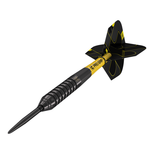 Das Bild zeigt einen Target Bolide Void 02 Swiss Point Steeldart. Der Dart ist schwarz mit gelben Akzenten und hat ein modernes, gerilltes Design.