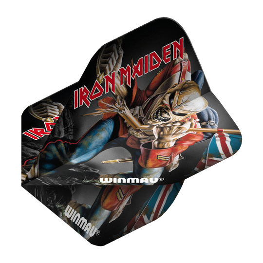 Das Bild zeigt ein Dartflight mit einem Motiv von Iron Maiden und ihrem Maskottchen Eddie. Auf dem Flight steht in roten Buchstaben "IRON MAIDEN" und unten ist das Winmau-Logo zu sehen.