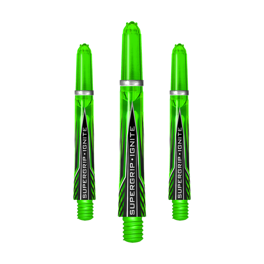 HR390_Harrows_Supergrip_Ignite_Shafts_Gr-n_40mm_1twMDBP71eqkB2 Das Bild zeigt drei grüne Harrows Supergrip Ignite Shafts. Sie sind nebeneinander angeordnet und haben ein modernes, transparentes Design mit schwarzer und silberner Beschriftung.